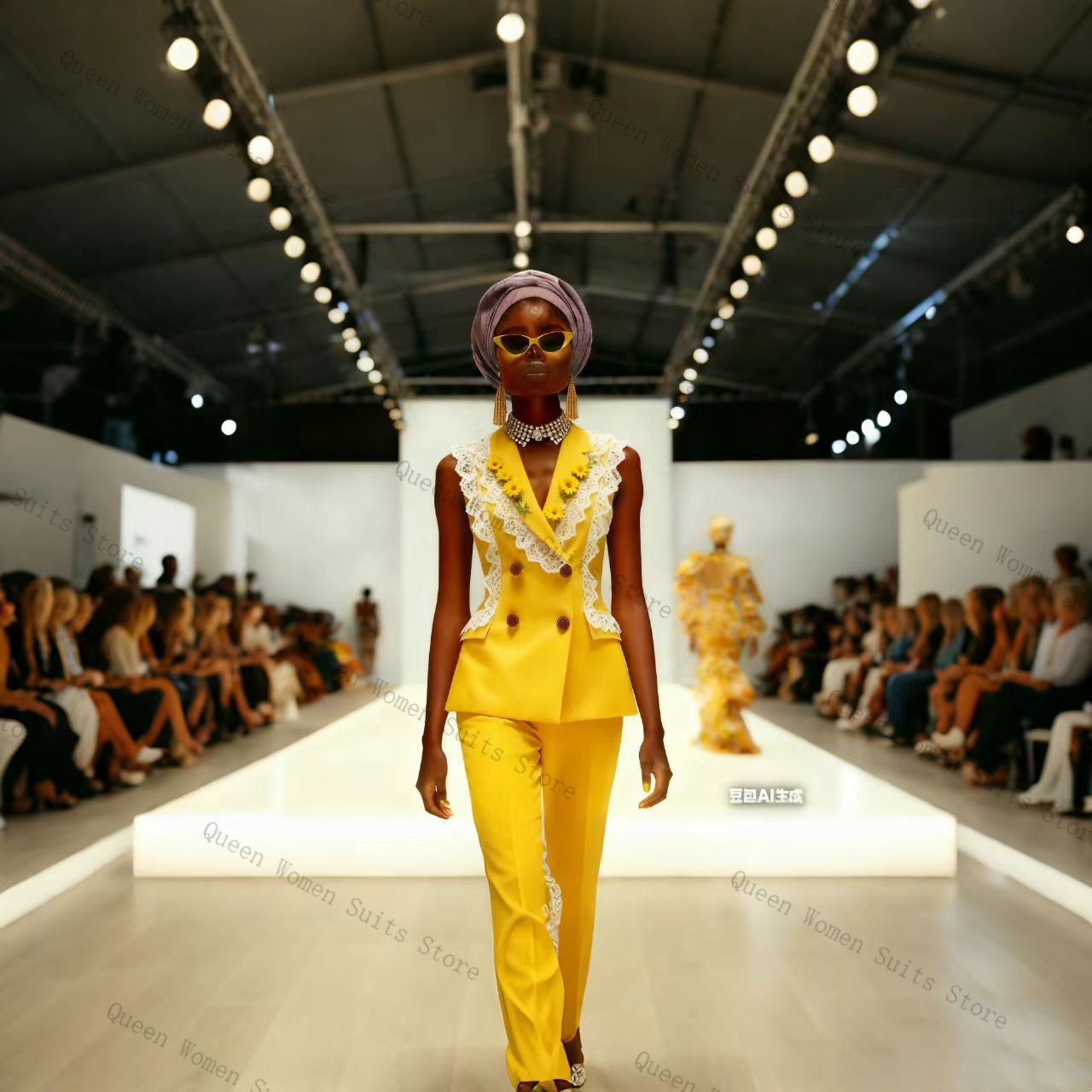 Yellow Formal Wear Women - Ensemble pantalon et veste en dentelle